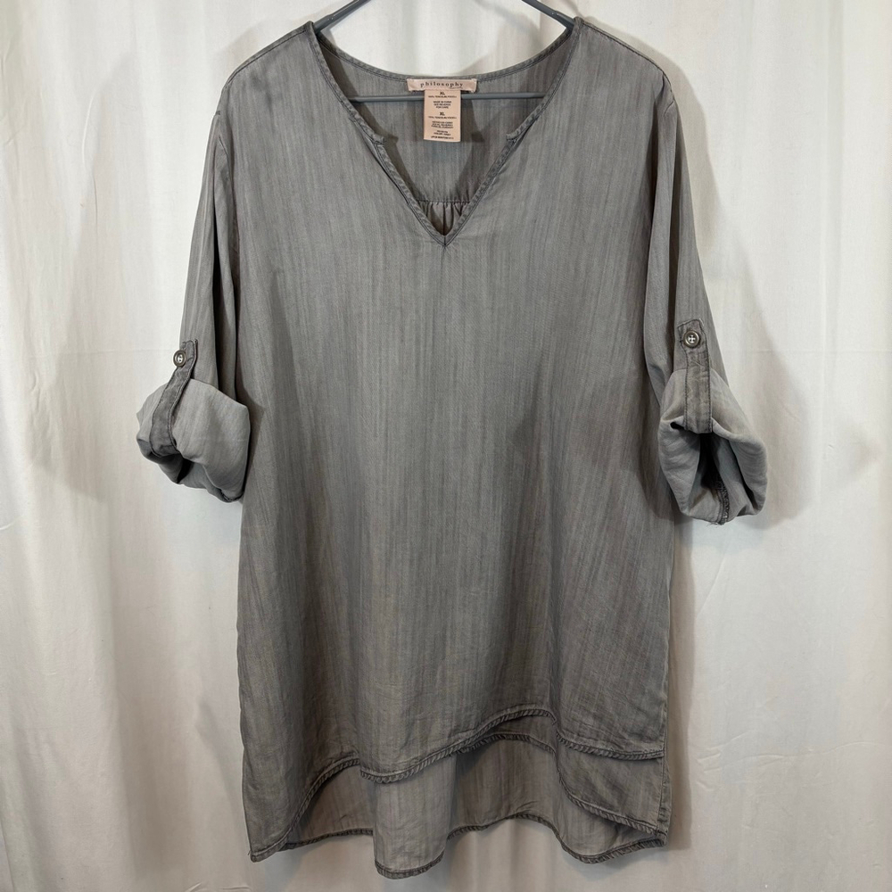 Women’s Philosophy Grey Lyocell Tunic Top Roll-Tab Sleeves – XL